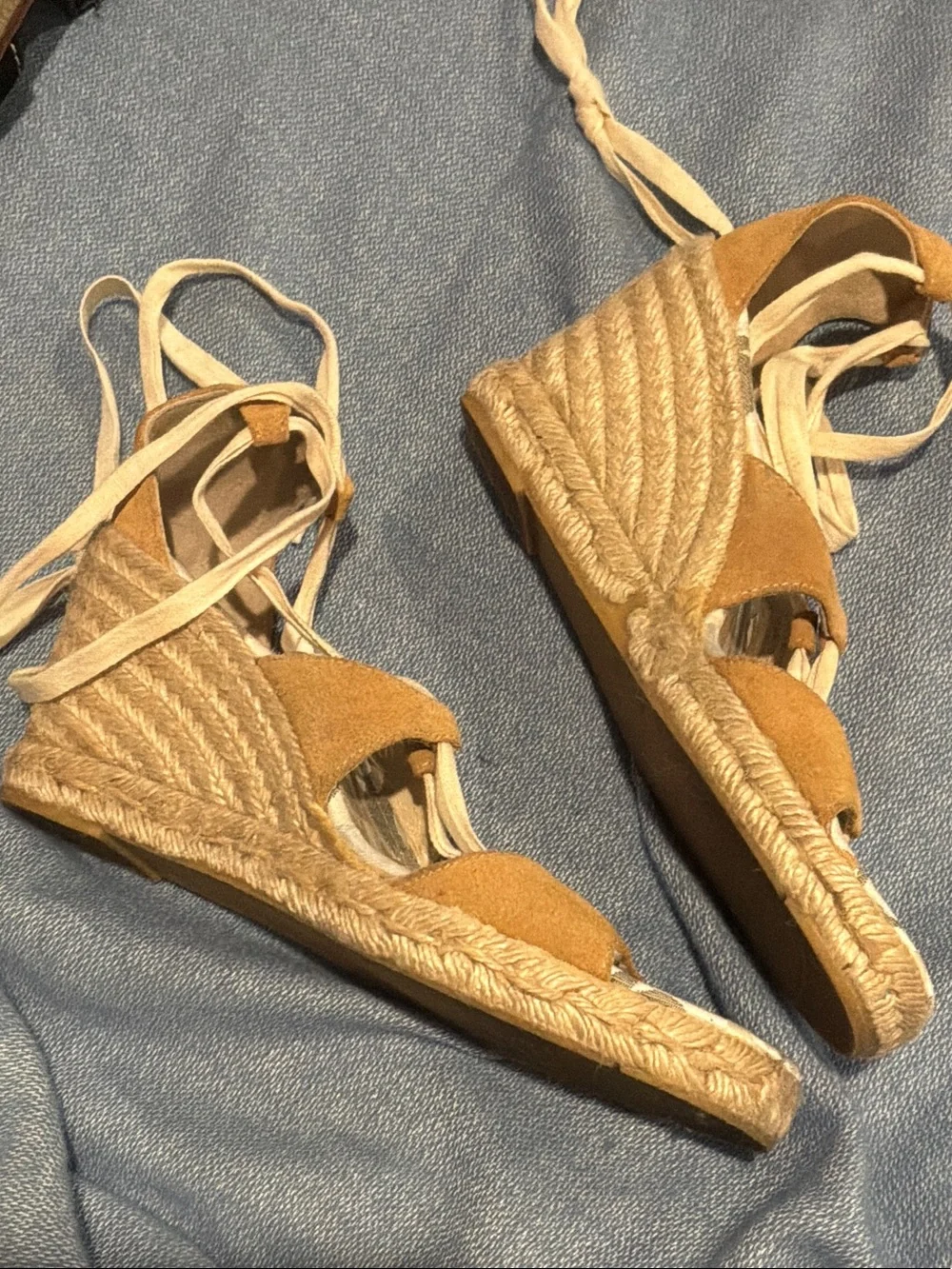 Coach Tan Espadrille Wedge Sandals with Ankle Ties